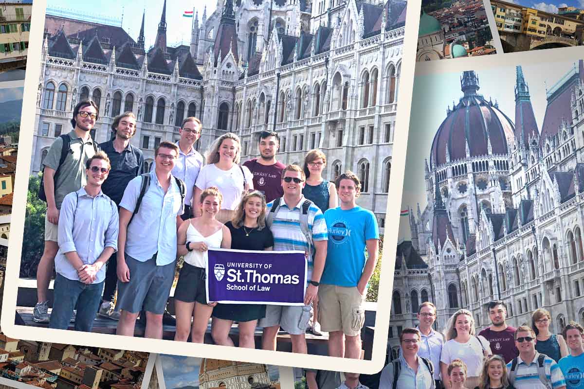 Students study abroad pose at cathedral