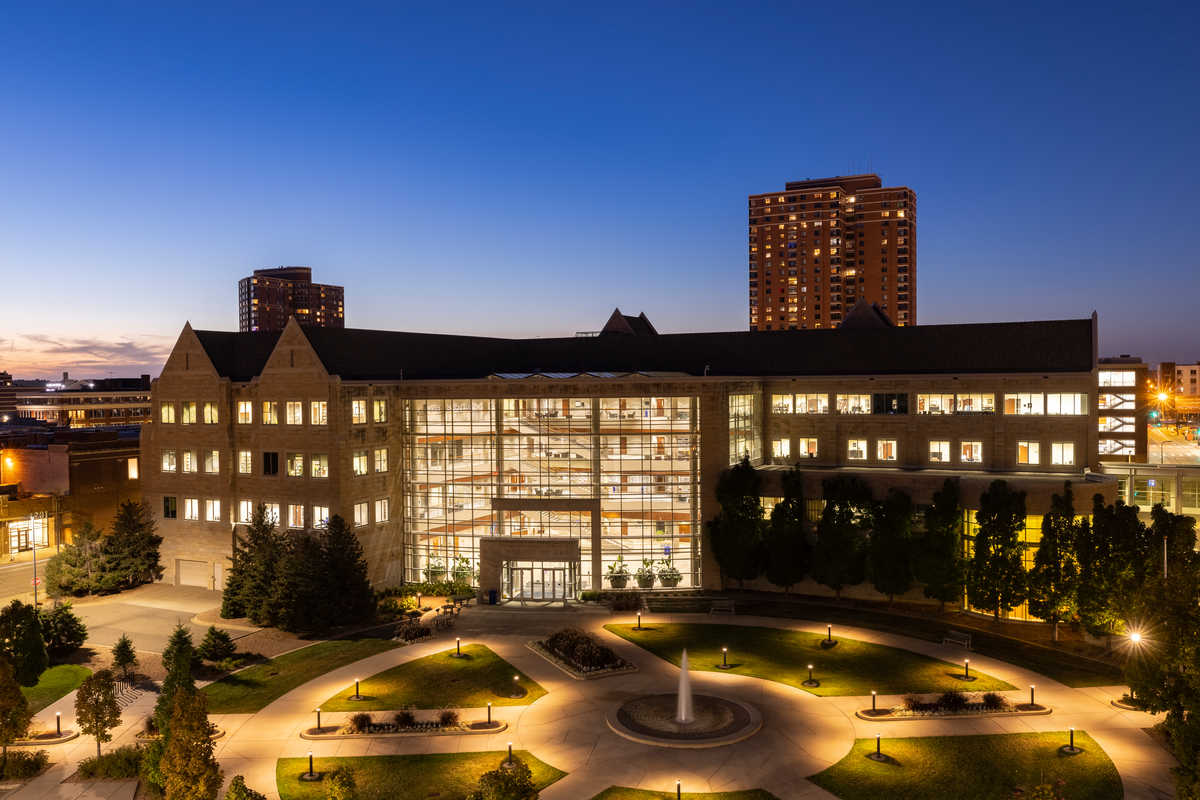 St. Thomas School of Law building at night