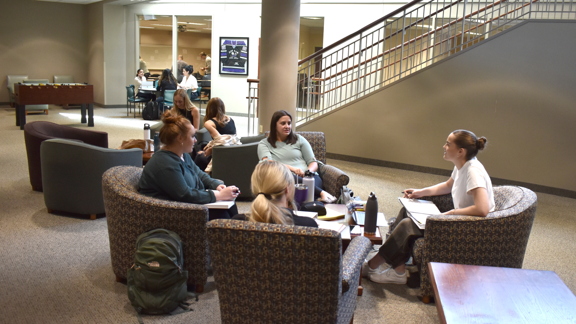 Law students gather in the lower level to study
