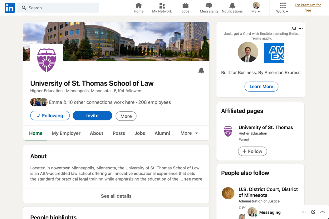 Screenshot of the University of Saint Thomas LinkedIn Page