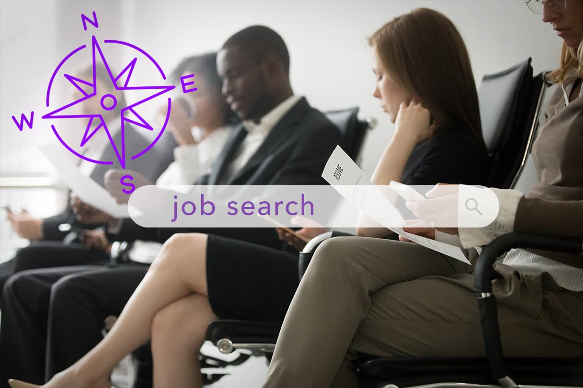 Compass icon over image of job seekers