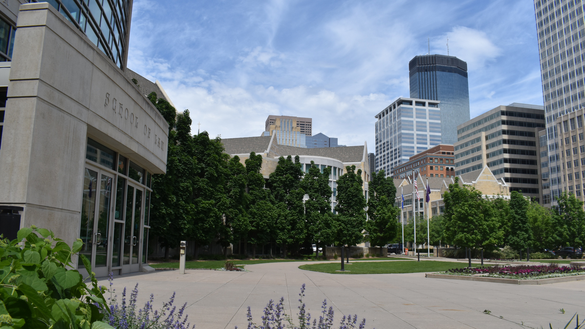 Front of Law School Building with Minneapolis Skyline in Background